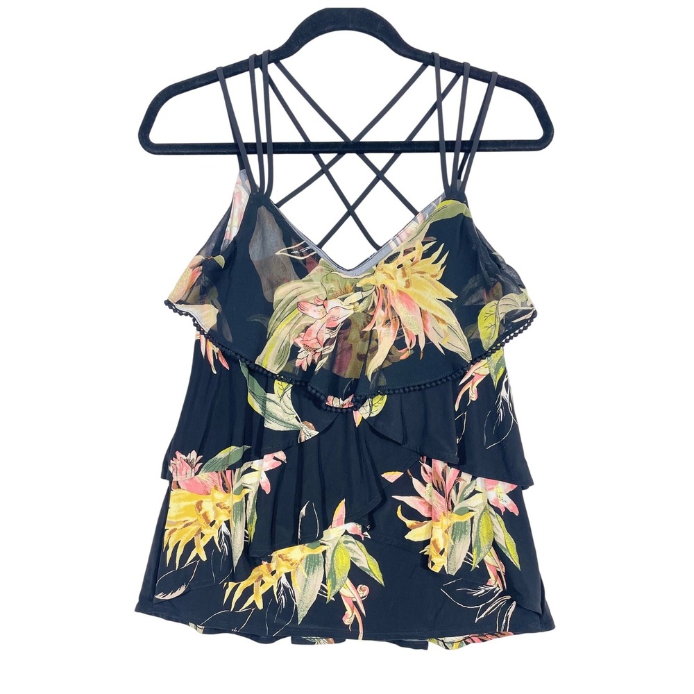 White House Black Market Cami Women XS Black Floral Tiered Ruffle Strappy Back